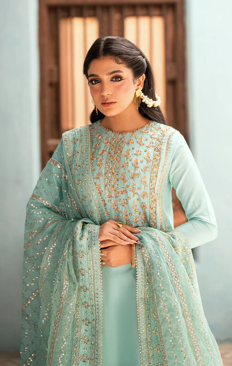 AEDA mint green Pakistani kalidaar with dabka hand embellishments, floral borders, silk culottes, and organza dupatta – formal stitched outfit by Pakistanimoda.com
