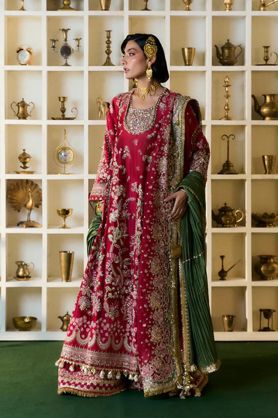 AFSANA E by Suffuse red stitched wedding formal suit with embroidered details and green dupatta, luxury Pakistani formal wear