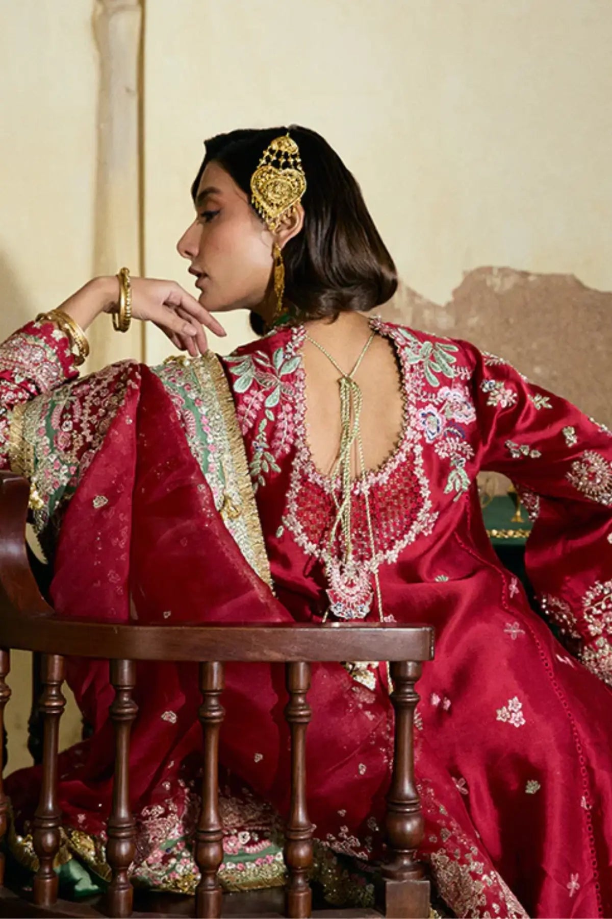 AFSANA E by Suffuse red stitched wedding formal suit with embroidered details and green dupatta, luxury Pakistani formal wear