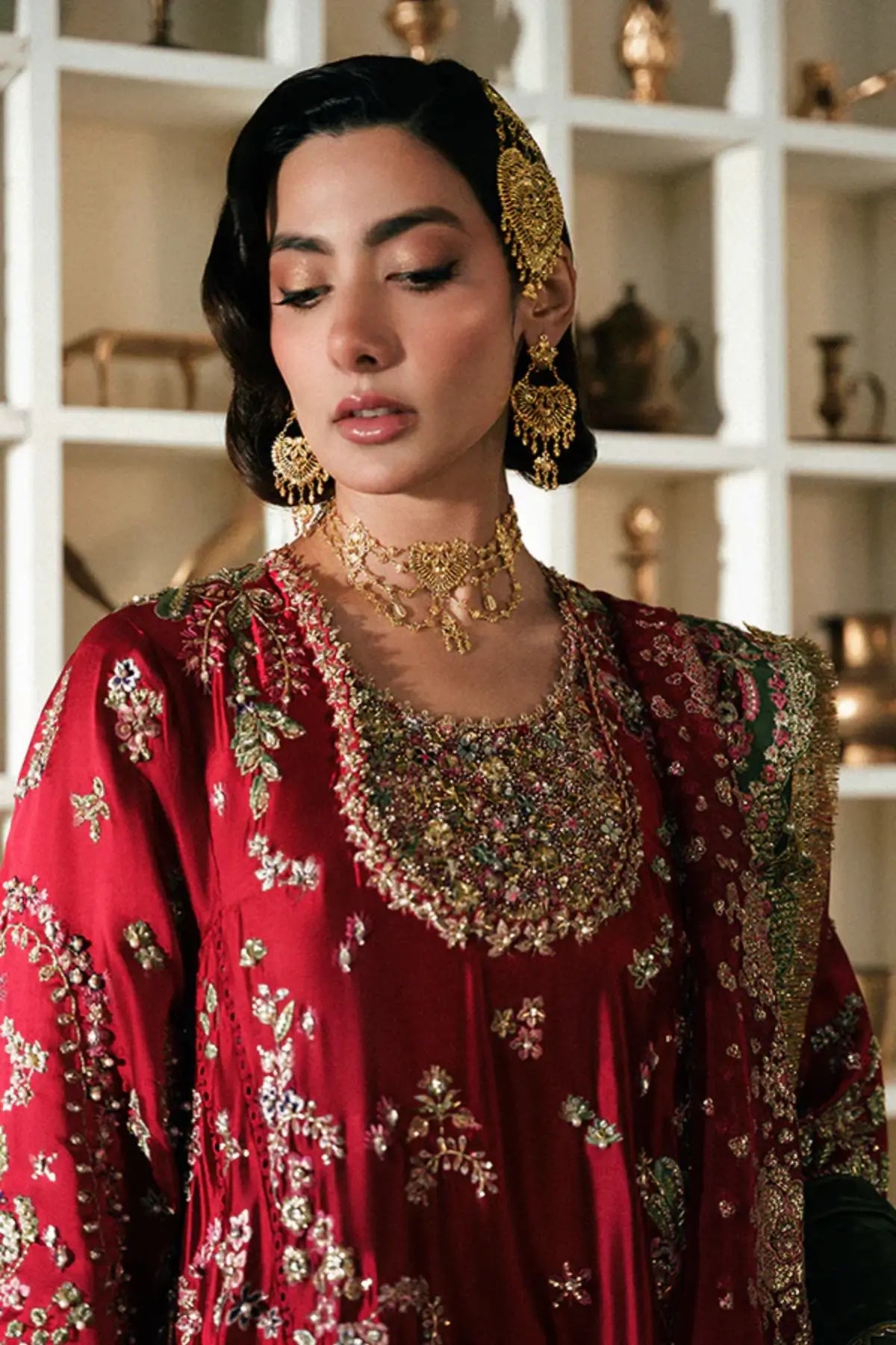 AFSANA E by Suffuse red stitched wedding formal suit with embroidered details and green dupatta, luxury Pakistani formal wear
