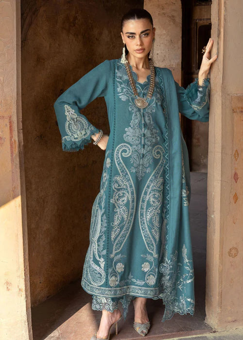 Saira Shakira AFSANEH-5A teal stitched karandi suit with embroidered wool shawl at Pakistanimoda.