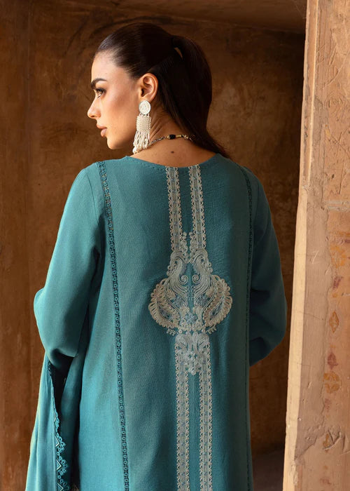 Saira Shakira AFSANEH-5A teal stitched karandi suit with embroidered wool shawl at Pakistanimoda.