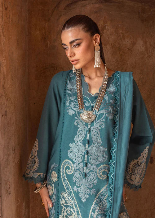 Saira Shakira AFSANEH-5A teal stitched karandi suit with embroidered wool shawl at Pakistanimoda.