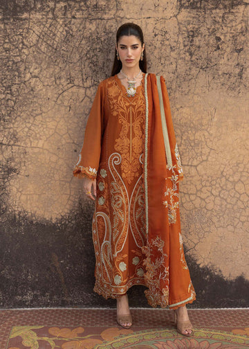 Saira Shakira AFSANEH-5B tangerine stitched karandi suit with embroidered wool shawl at Pakistanimoda.
