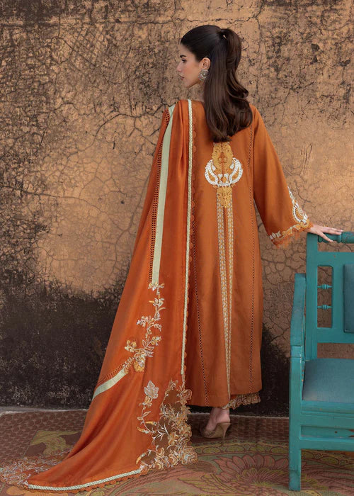 Saira Shakira AFSANEH-5B tangerine stitched karandi suit with embroidered wool shawl at Pakistanimoda.