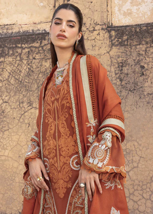 Saira Shakira AFSANEH-5B tangerine stitched karandi suit with embroidered wool shawl at Pakistanimoda.