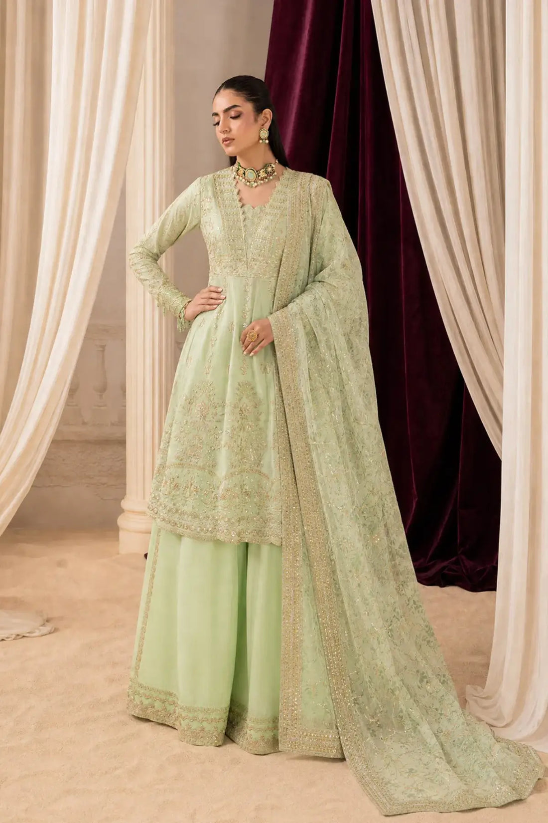 AIK Shaam B2601 Mint Green Medium Silk Stitched 3PC Suit with Chiffon Dupatta