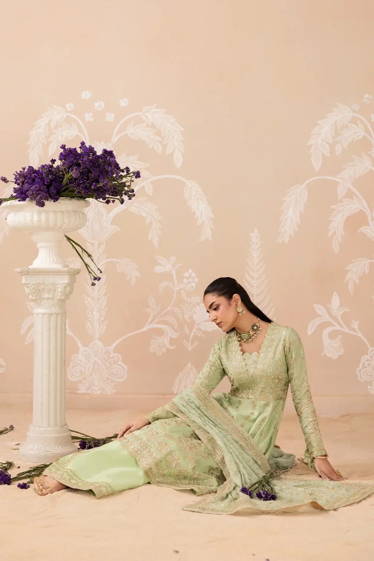 AIK Shaam B2601 Mint Green Medium Silk Stitched 3PC Suit with Chiffon Dupatta