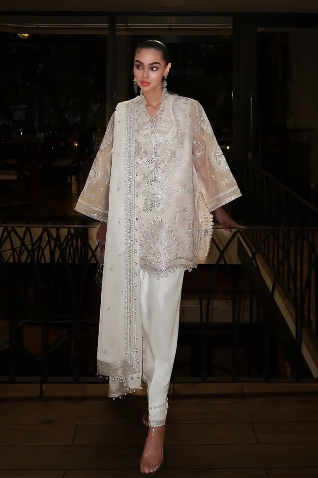 AIK Shaam B2602 Ivory Embroidered Organza Stitched 3PC Suit with Chiffon Dupatta