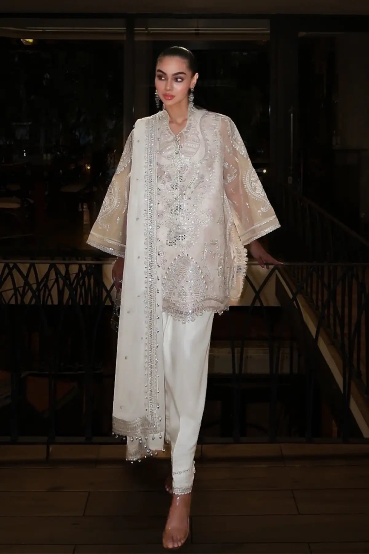 AIK Shaam B2602 Ivory Embroidered Organza Stitched 3PC Suit with Chiffon Dupatta