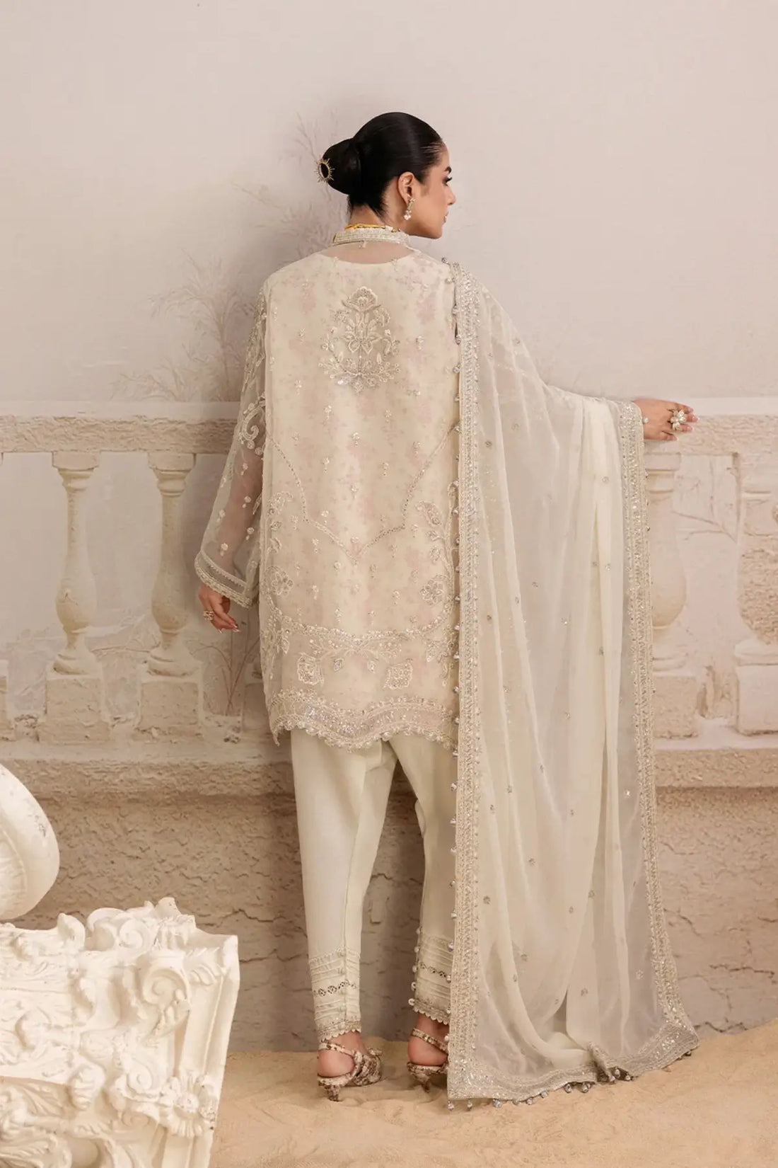 AIK Shaam B2602 Ivory Embroidered Organza Stitched 3PC Suit with Chiffon Dupatta