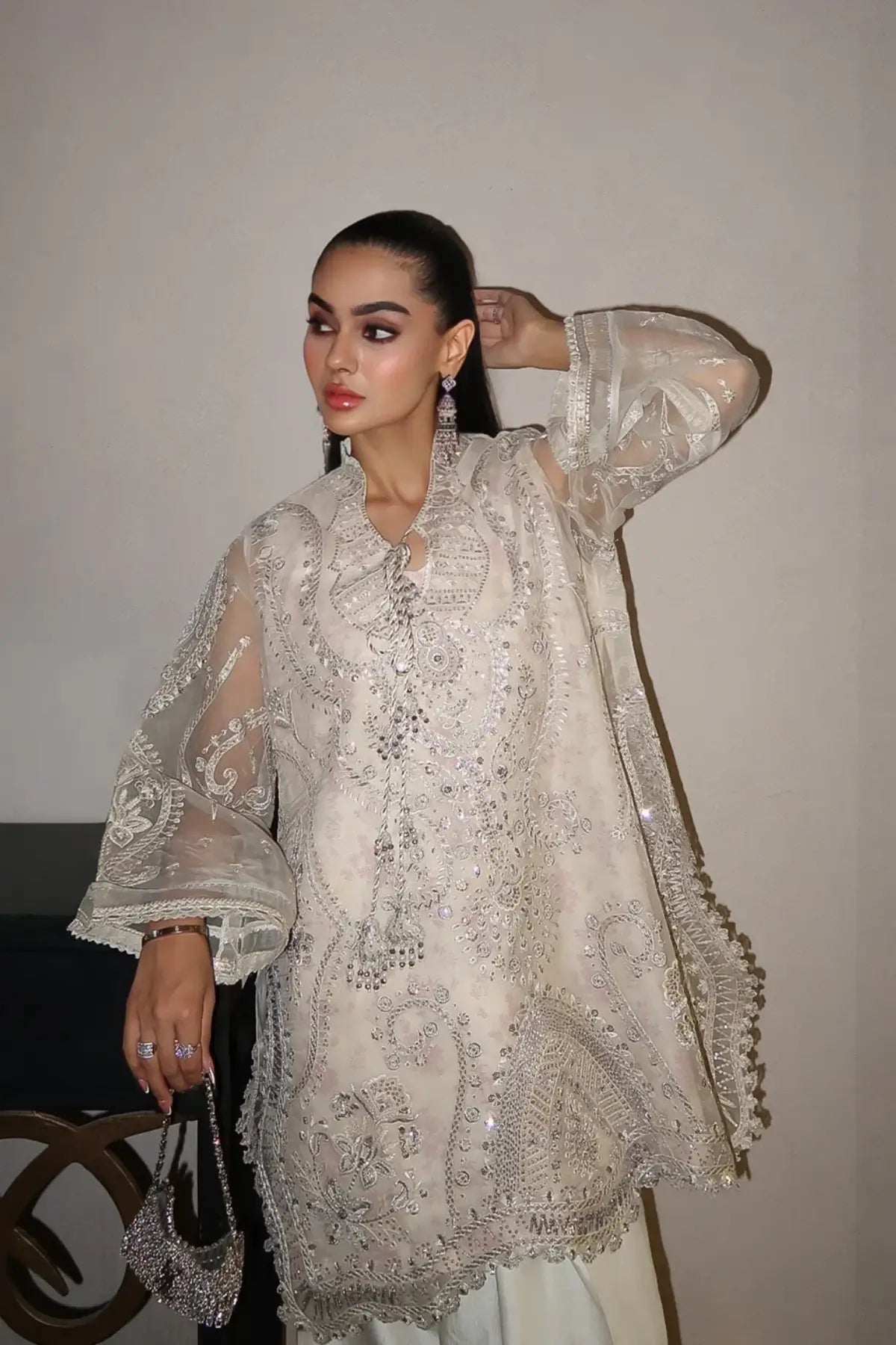 AIK Shaam B2602 Ivory Embroidered Organza Stitched 3PC Suit with Chiffon Dupatta