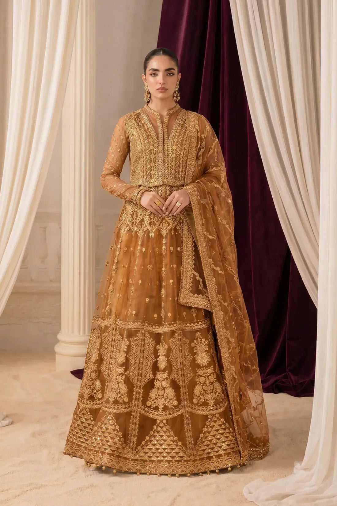 AIK Shaam B2603 Mustard Gold Embroidered Net Stitched 3PC Suit with Net Dupatta