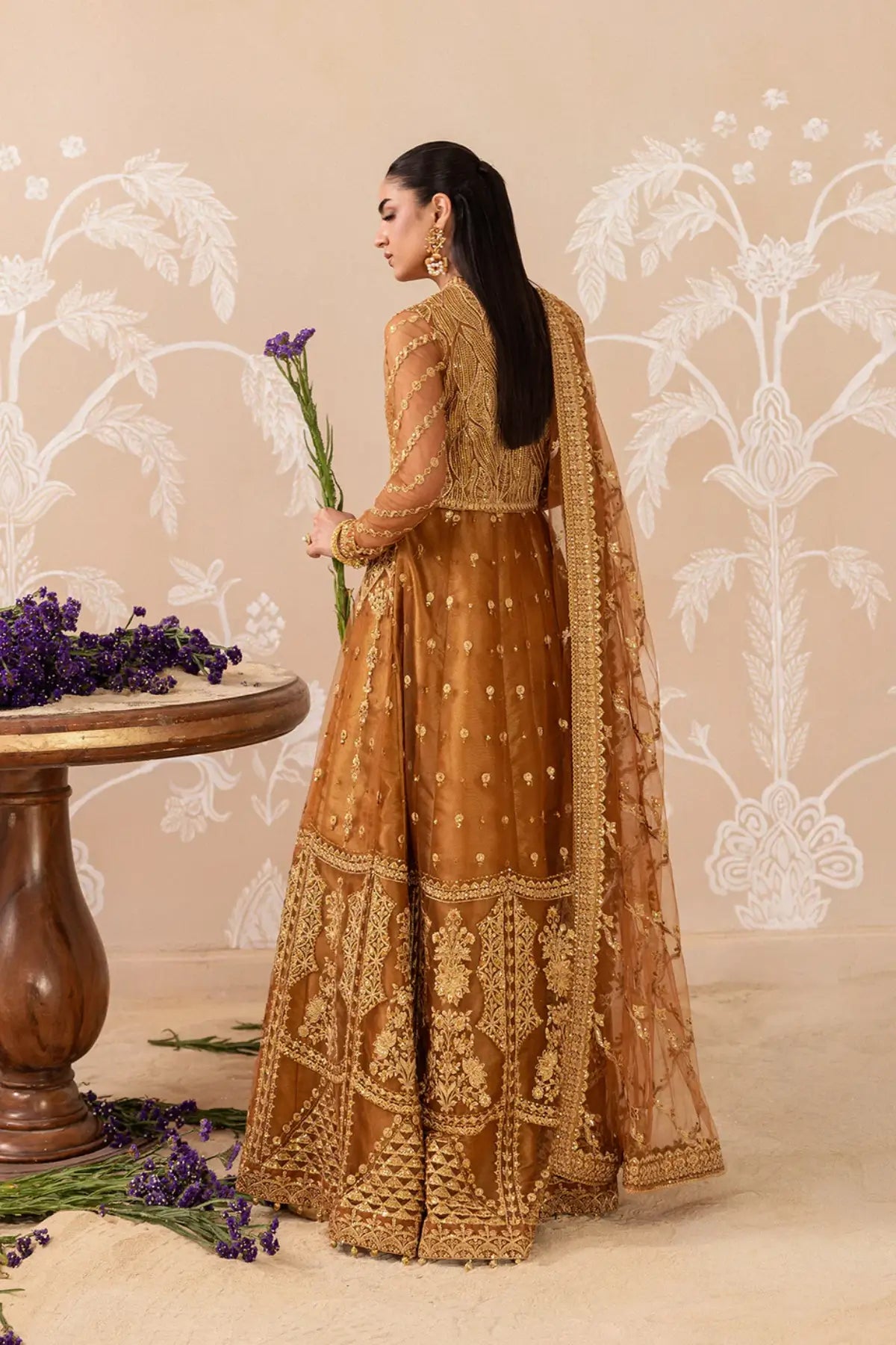AIK Shaam B2603 Mustard Gold Embroidered Net Stitched 3PC Suit with Net Dupatta