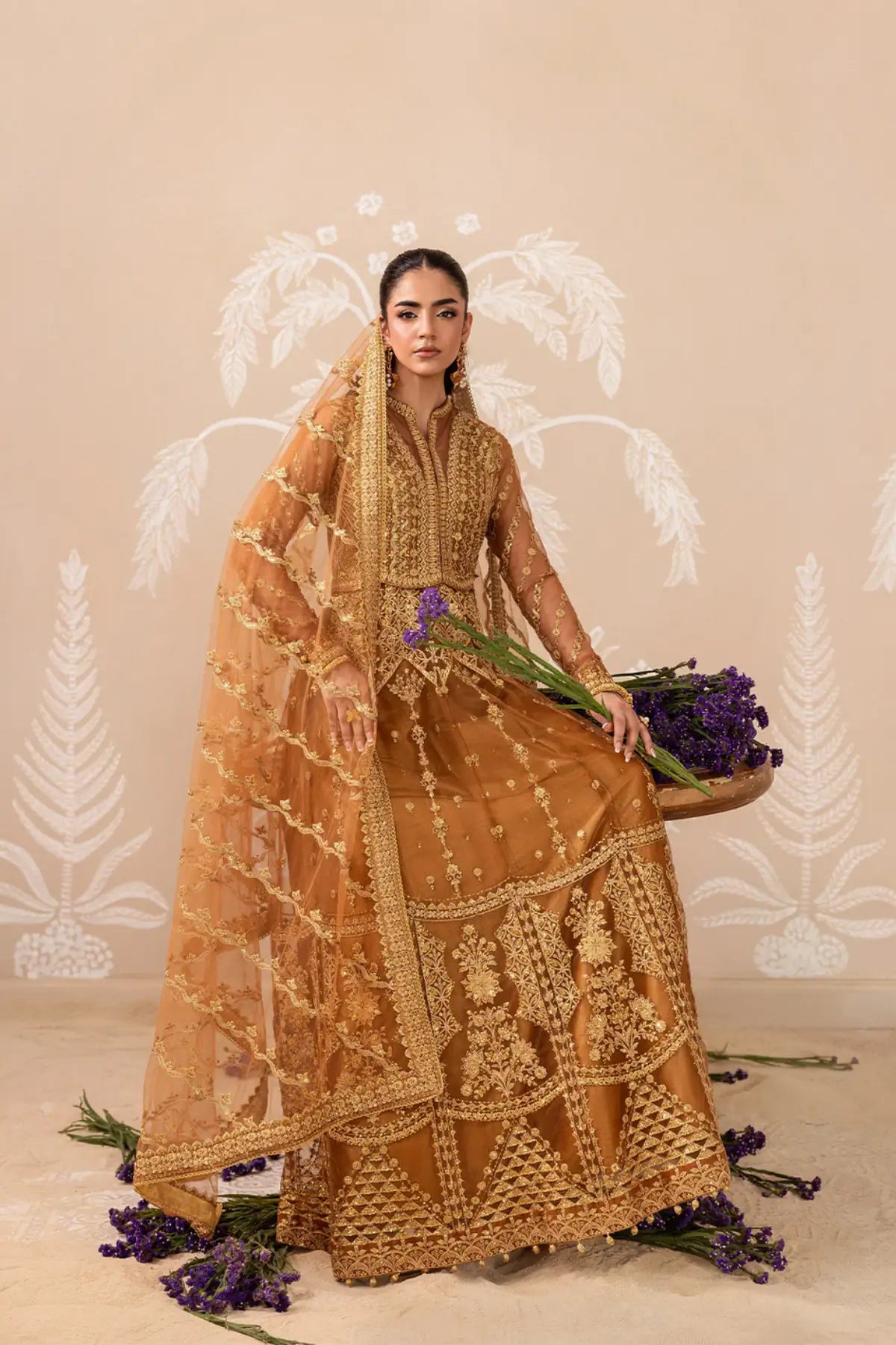 AIK Shaam B2603 Mustard Gold Embroidered Net Stitched 3PC Suit with Net Dupatta