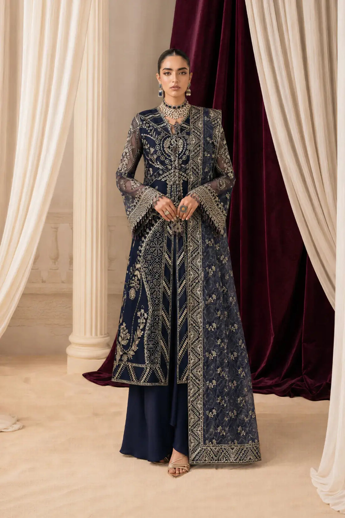 AIK Shaam B2604 Navy Blue Embroidered Organza Stitched 3PC Suit with Chiffon Dupatta