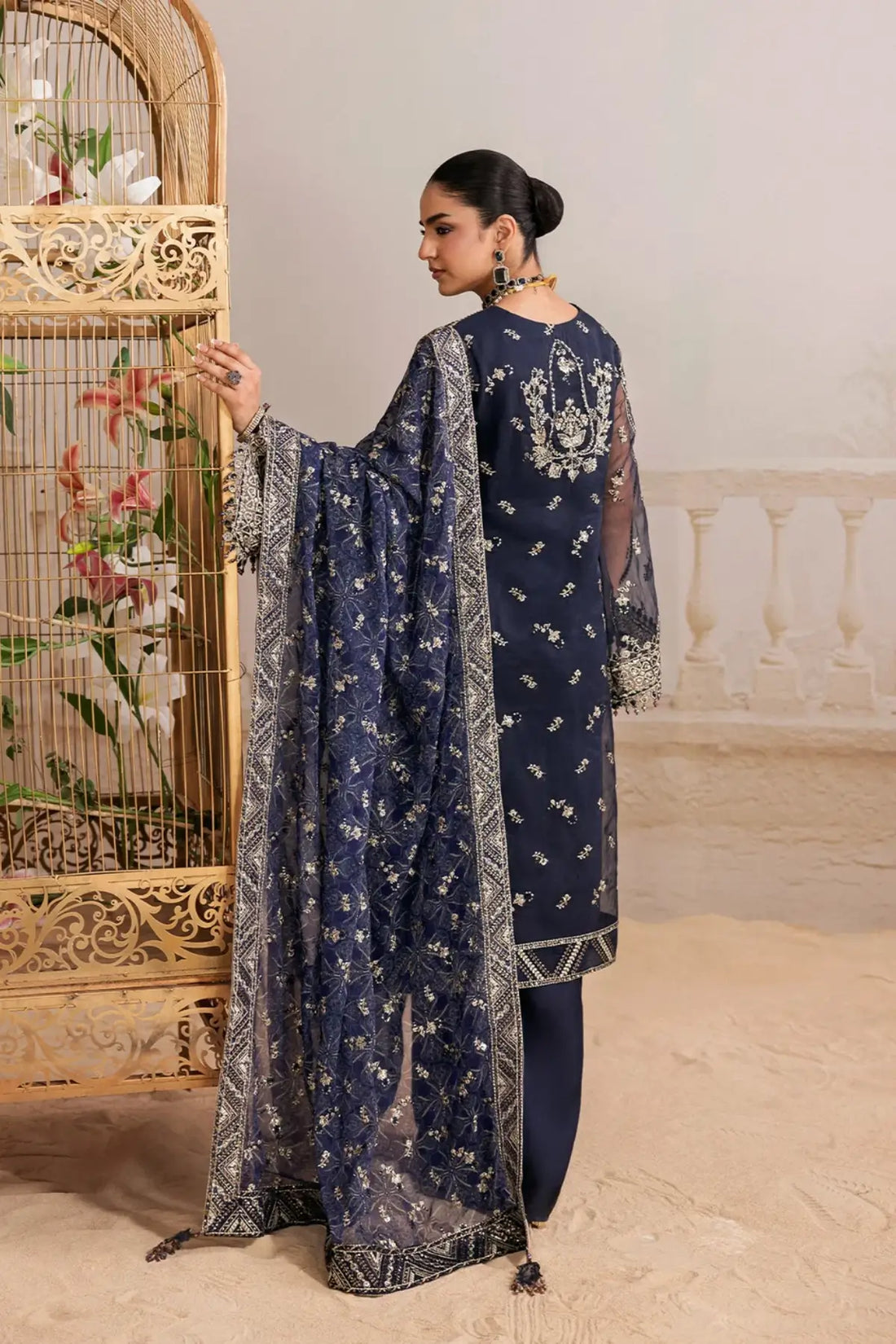 AIK Shaam B2604 Navy Blue Embroidered Organza Stitched 3PC Suit with Chiffon Dupatta
