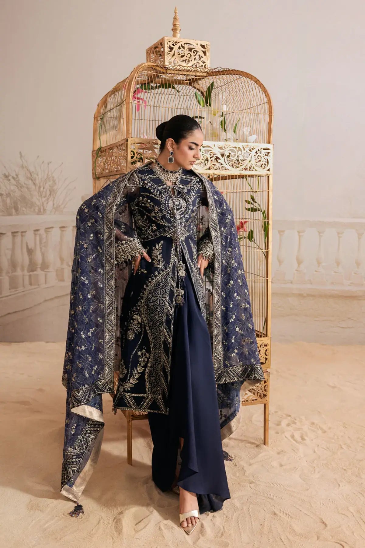 AIK Shaam B2604 Navy Blue Embroidered Organza Stitched 3PC Suit with Chiffon Dupatta