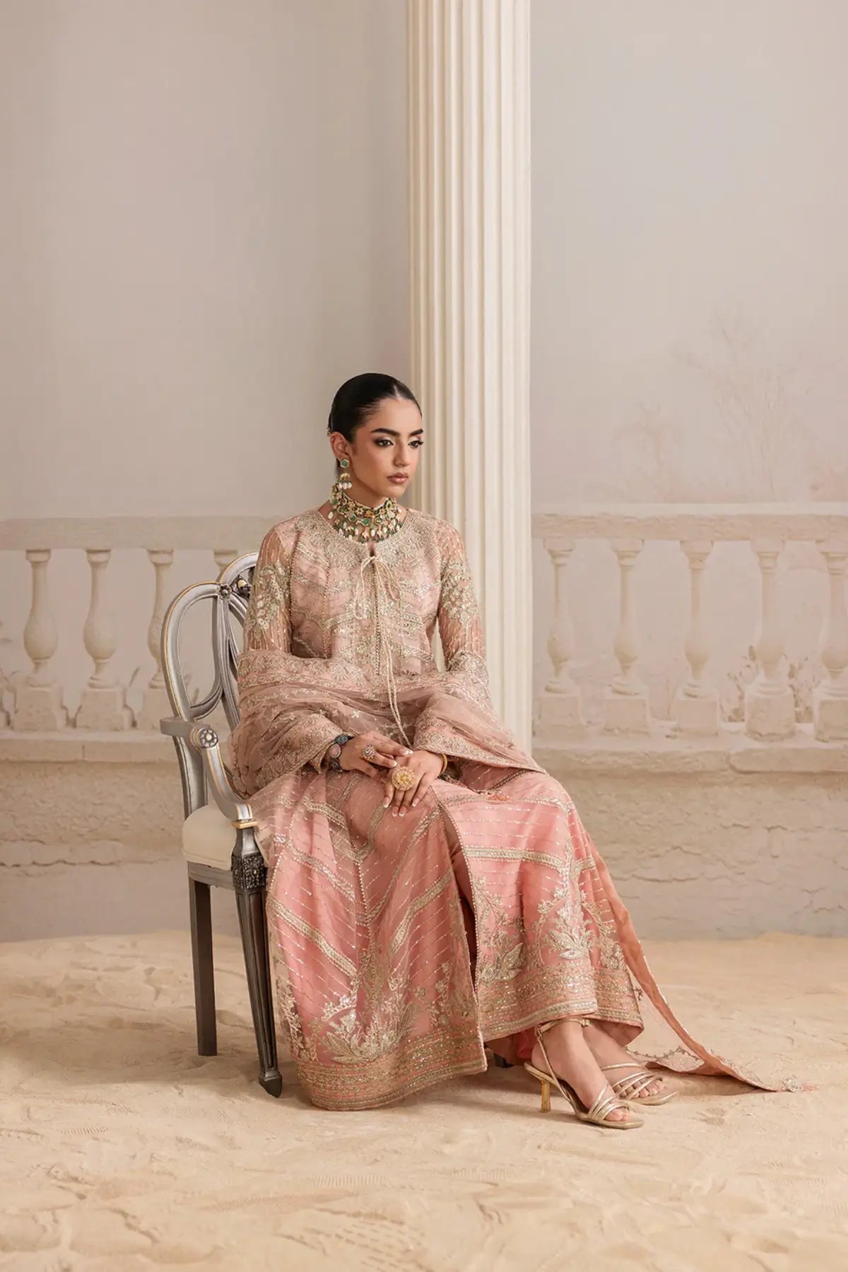AIK Shaam B2605 Blush Pink Embroidered Net Stitched 3PC Suit with Net Dupatta