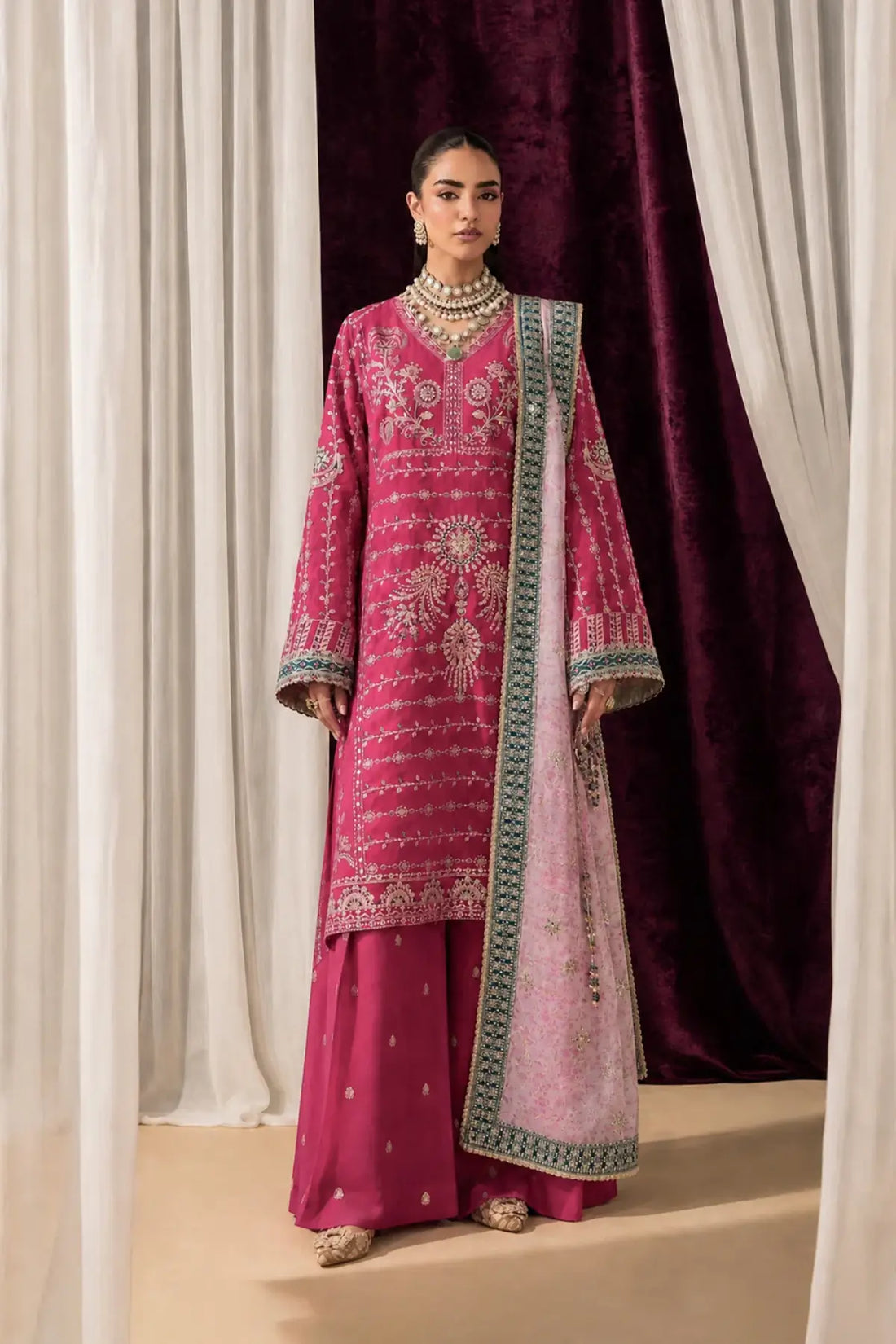 AIK Shaam B2606 Magenta Embroidered Medium Silk Stitched Suit with Printed Chiffon Dupatta