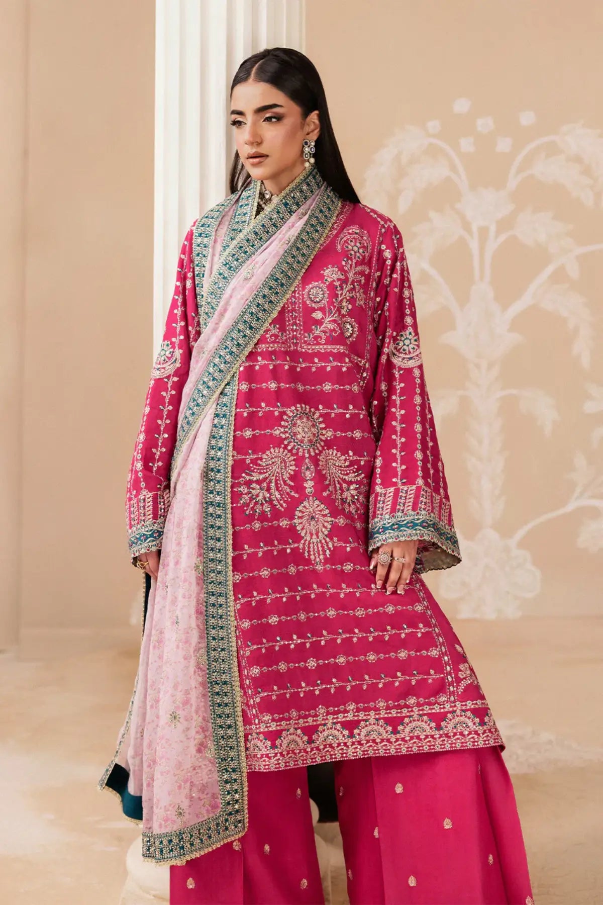 AIK Shaam B2606 Magenta Embroidered Medium Silk Stitched Suit with Printed Chiffon Dupatta