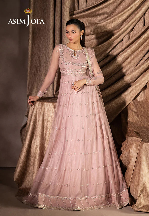 AJIZL-01 Asim Jofa tea pink net embroidered stitched peshwas dress – Pakistani wedding & festive wear outfit available online at Pakistanimoda.com.