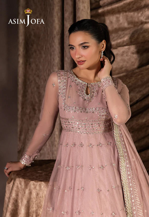 AJIZL-01 Asim Jofa tea pink net embroidered stitched peshwas dress – Pakistani wedding & festive wear outfit available online at Pakistanimoda.com.
