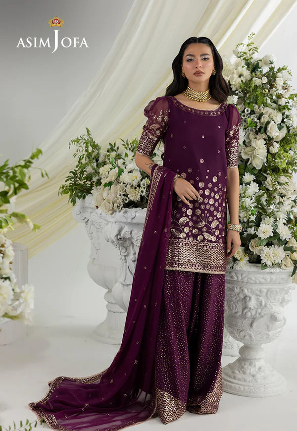 AJIZL-02 dark purple chiffon embroidered stitched 3-piece outfit by Asim Jofa – Pakistani designer wedding & festive wear online at Pakistanimoda.com.