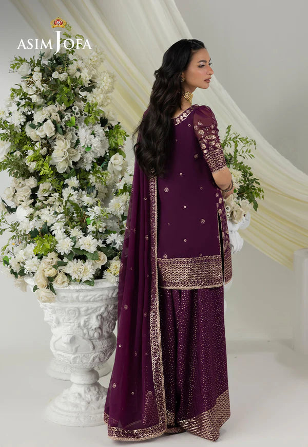 AJIZL-02 dark purple chiffon embroidered stitched 3-piece outfit by Asim Jofa – Pakistani designer wedding & festive wear online at Pakistanimoda.com.