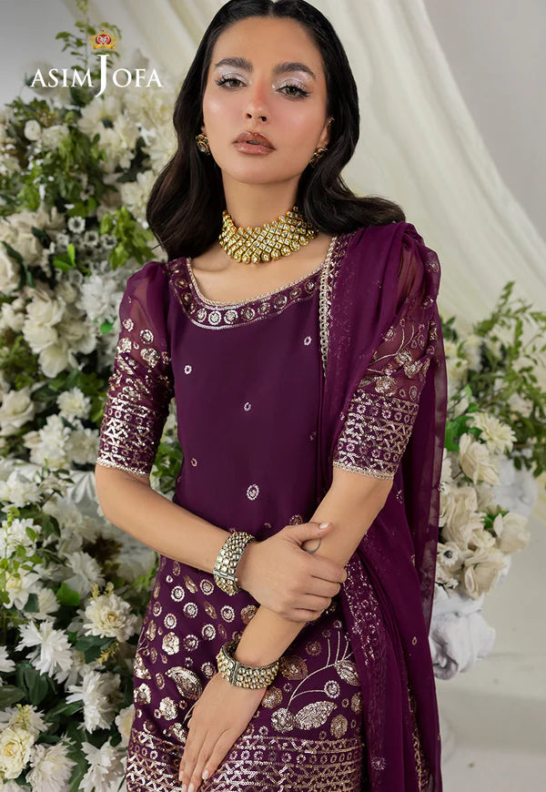 AJIZL-02 dark purple chiffon embroidered stitched 3-piece outfit by Asim Jofa – Pakistani designer wedding & festive wear online at Pakistanimoda.com.