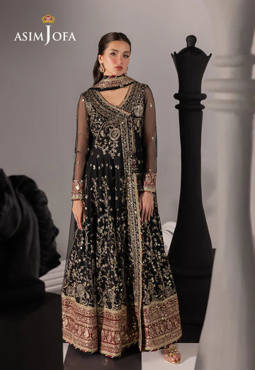 AJIZL-03 black embroidered net angrakha stitched outfit by Asim Jofa – shop Pakistani designer wedding & festive wear online at Pakistanimoda.com.