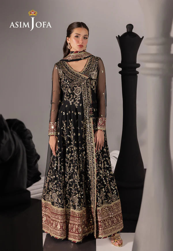 AJIZL-03 black embroidered net angrakha stitched outfit by Asim Jofa – shop Pakistani designer wedding & festive wear online at Pakistanimoda.com.