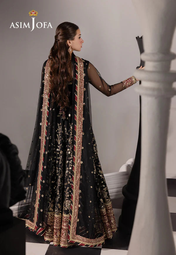 AJIZL-03 black embroidered net angrakha stitched outfit by Asim Jofa – shop Pakistani designer wedding & festive wear online at Pakistanimoda.com.