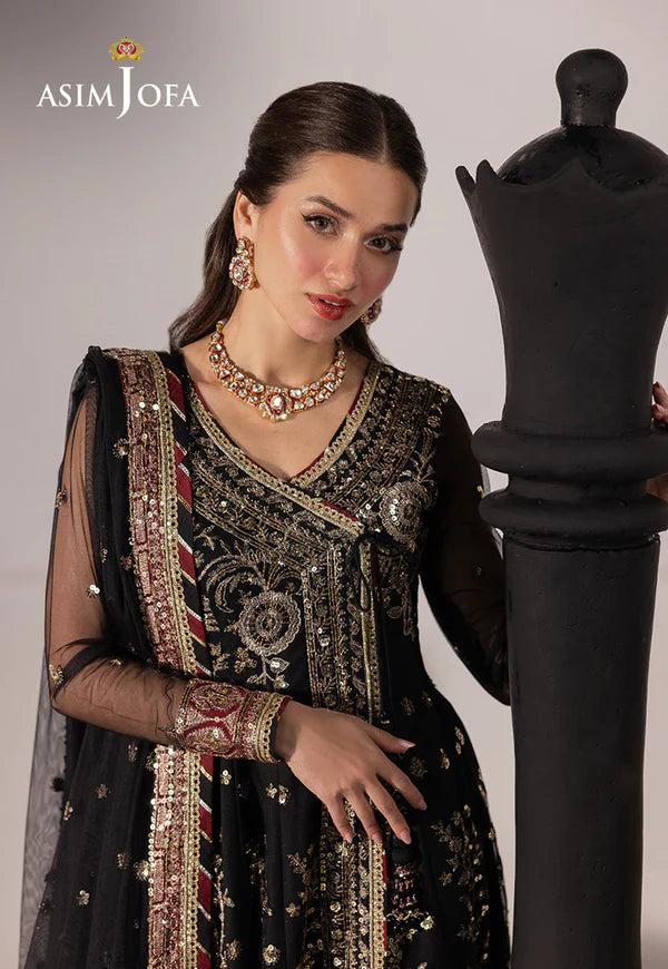 AJIZL-03 black embroidered net angrakha stitched outfit by Asim Jofa – shop Pakistani designer wedding & festive wear online at Pakistanimoda.com.