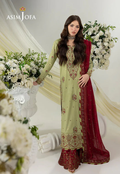 AJIZL-04 Asim Jofa green raw silk embroidered stitched formal suit – shop Pakistani designer wedding & festive wear online at Pakistanimoda.com.