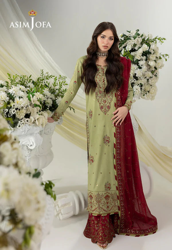 AJIZL-04 Asim Jofa green raw silk embroidered stitched formal suit – shop Pakistani designer wedding & festive wear online at Pakistanimoda.com.