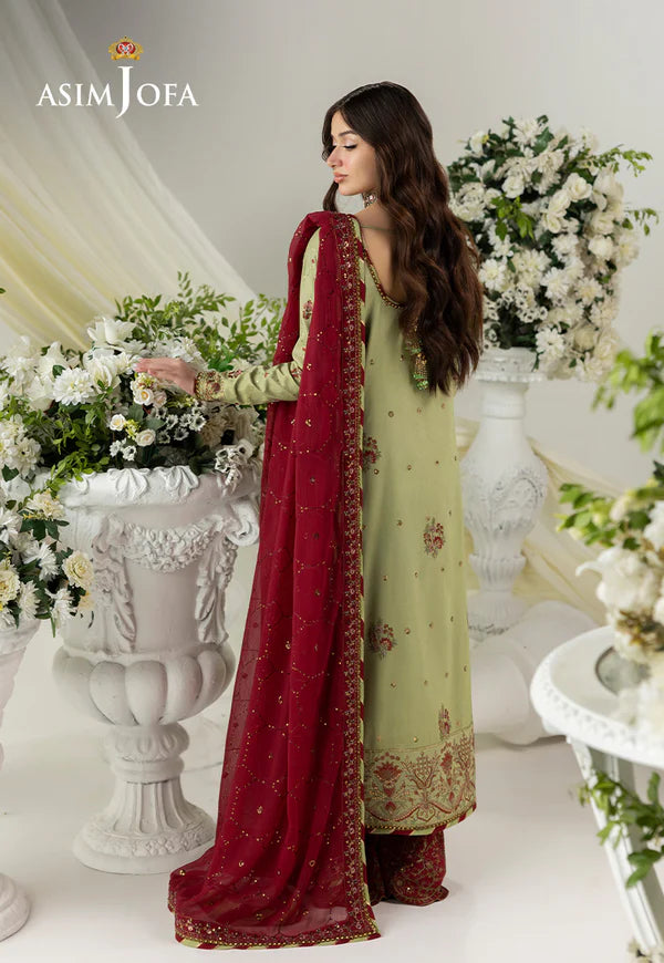 AJIZL-04 Asim Jofa green raw silk embroidered stitched formal suit – shop Pakistani designer wedding & festive wear online at Pakistanimoda.com.