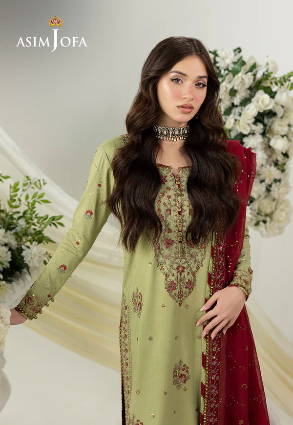 AJIZL-04 Asim Jofa green raw silk embroidered stitched formal suit – shop Pakistani designer wedding & festive wear online at Pakistanimoda.com.