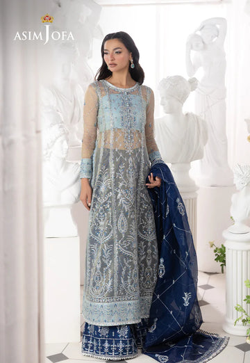 AJIZL-05 blue zari net embroidered stitched wedding suit by Asim Jofa – 3-piece designer outfit with royal blue dupatta at Pakistanimoda.com.