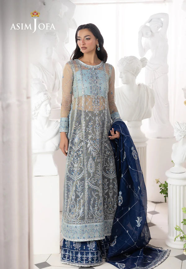 AJIZL-05 blue zari net embroidered stitched wedding suit by Asim Jofa – 3-piece designer outfit with royal blue dupatta at Pakistanimoda.com.