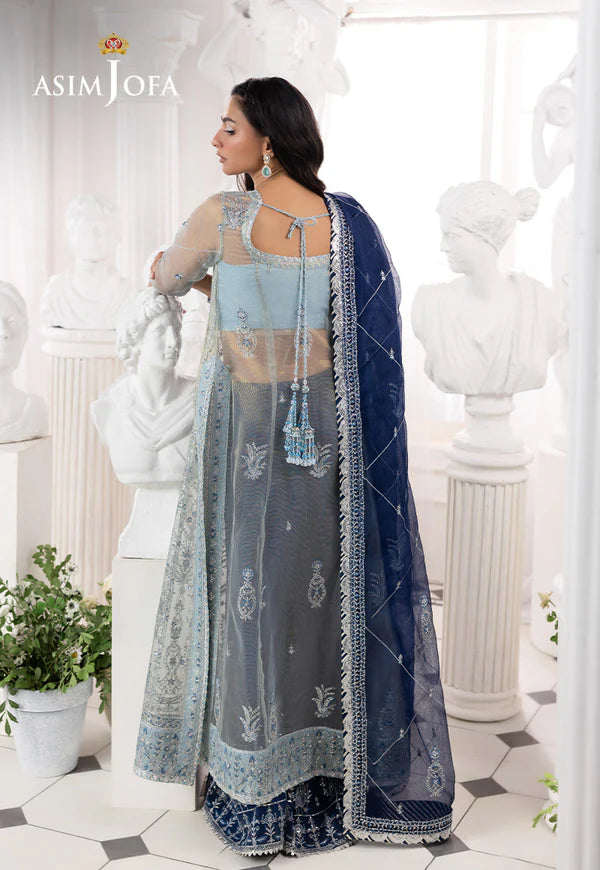 AJIZL-05 blue zari net embroidered stitched wedding suit by Asim Jofa – 3-piece designer outfit with royal blue dupatta at Pakistanimoda.com.