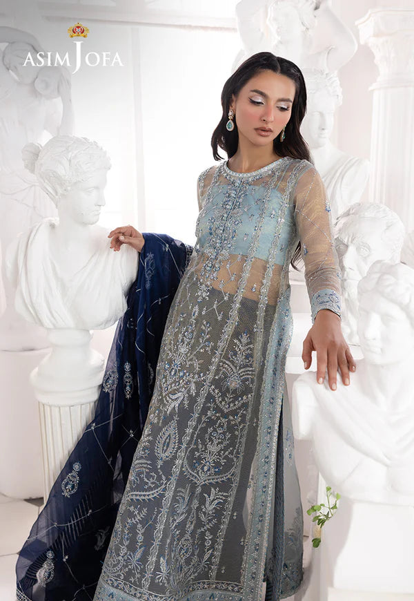 AJIZL-05 blue zari net embroidered stitched wedding suit by Asim Jofa – 3-piece designer outfit with royal blue dupatta at Pakistanimoda.com.