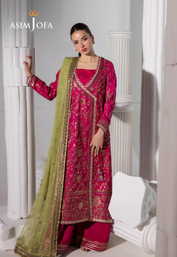 AJIZL-06 Asim Jofa fuchsia raw silk embroidered wedding angrakha stitched dress – shop Pakistani designer outfit online at Pakistanimoda.com.