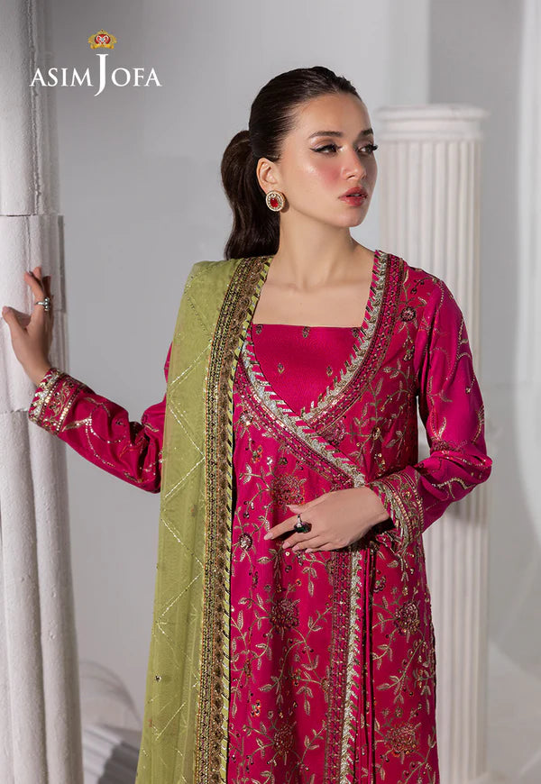 AJIZL-06 Asim Jofa fuchsia raw silk embroidered wedding angrakha stitched dress – shop Pakistani designer outfit online at Pakistanimoda.com.
