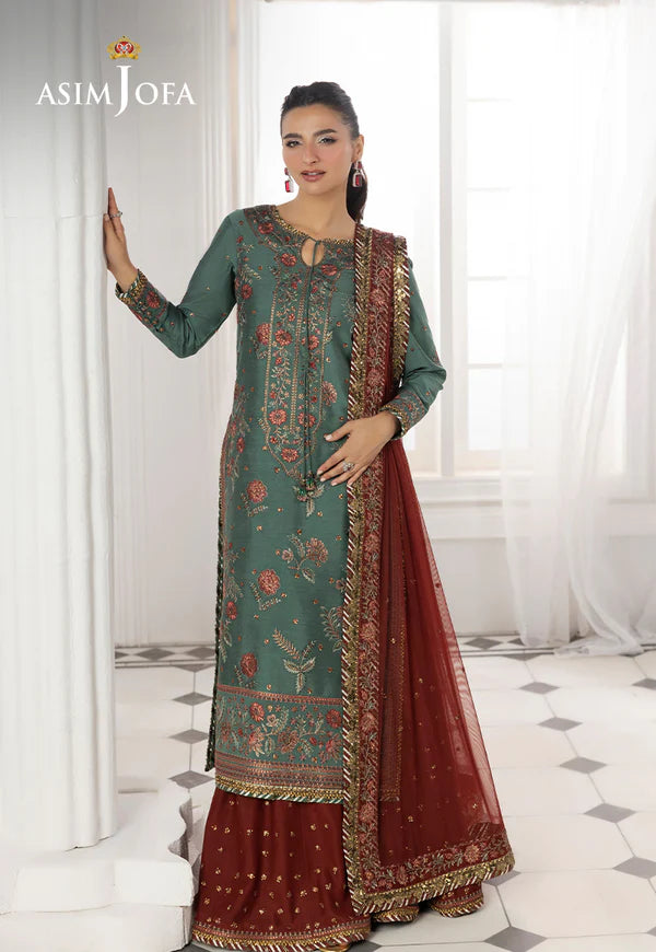 AJIZL-07 Asim Jofa green cotton silk embroidered stitched wedding suit – shop Pakistani designer formal 3-piece outfit online at Pakistanimoda.com.