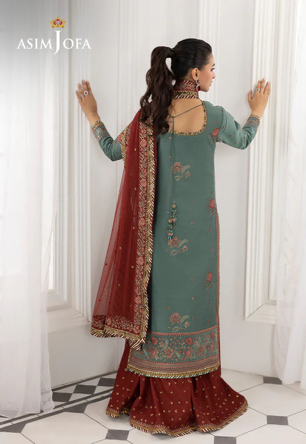 AJIZL-07 Asim Jofa green cotton silk embroidered stitched wedding suit – shop Pakistani designer formal 3-piece outfit online at Pakistanimoda.com.
