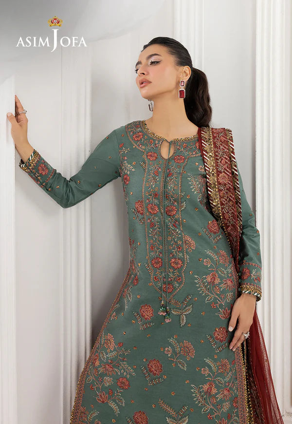 AJIZL-07 Asim Jofa green cotton silk embroidered stitched wedding suit – shop Pakistani designer formal 3-piece outfit online at Pakistanimoda.com.