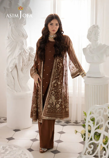 AJIZL-08 Asim Jofa brown embroidered net jacket stitched outfit – shop designer Pakistani party & formal wear online at Pakistanimoda.com.
