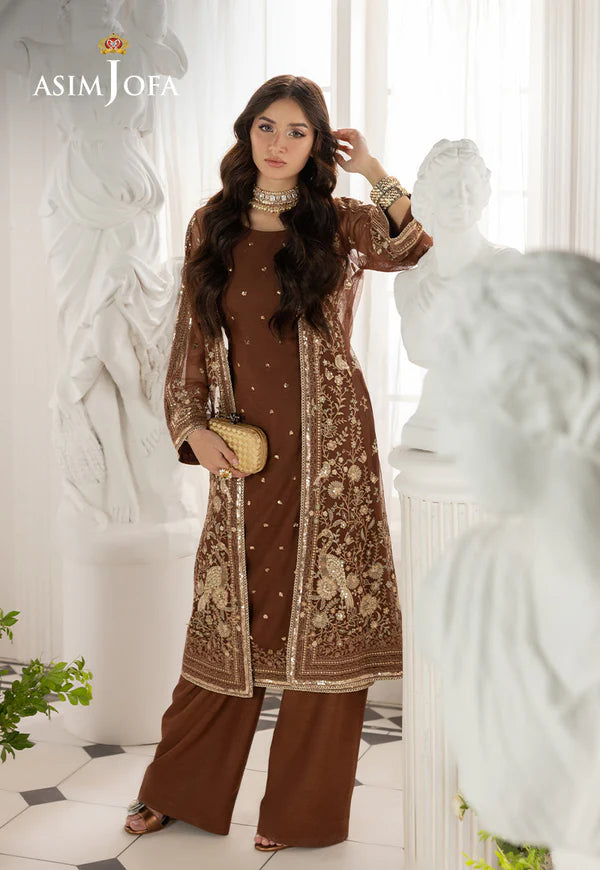 AJIZL-08 Asim Jofa brown embroidered net jacket stitched outfit – shop designer Pakistani party & formal wear online at Pakistanimoda.com.