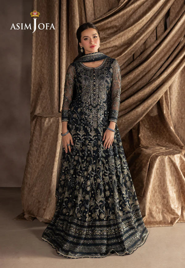AJIZL-09 Asim Jofa navy blue embroidered net kalidaar stitched formal outfit – shop designer Pakistani wedding & party wear online at Pakistanimoda.com.